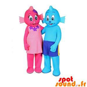 魚の2つのマスコット、1つのピンクとブルーの1。2つの...