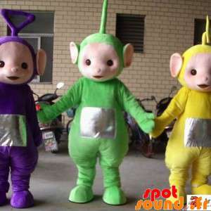 Gröna, gula och lila maskotar från Teletubbies. 3 Teletubbies -