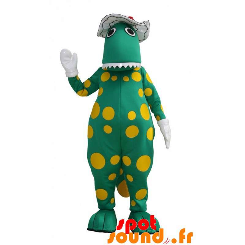 Grön dinosaurie maskot med gula prickar - Spotsound maskot