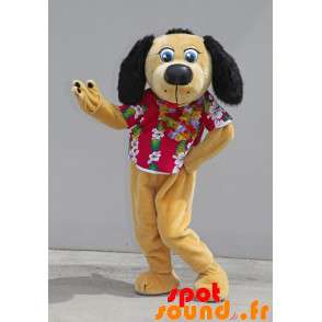 Beige og sort hundemaskot med blomsterbluse - Spotsound maskot