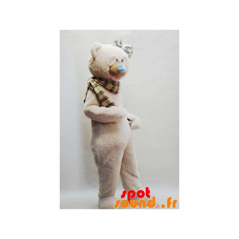 Beige bamse maskot med et plaid tørklæde - Spotsound maskot