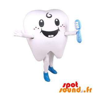 Kæmpe hvid tand maskot med en tandbørste - Spotsound maskot
