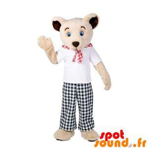 Beige bamse-maskot med ternet tøj - Spotsound maskot