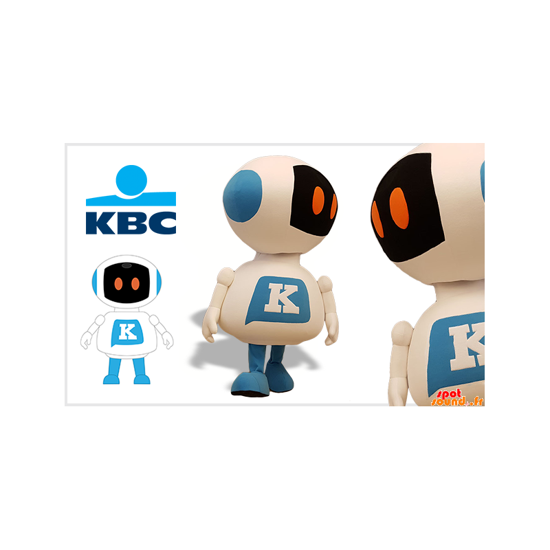 Maskot vit och blå robot, jätte. KBC maskot - Spotsound maskot