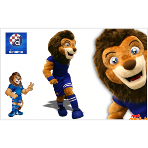 サッカーを保持している茶色のライオンのマスコット