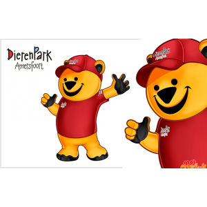 Klädd i en röd dräkt för gul björnmaskot - Spotsound maskot