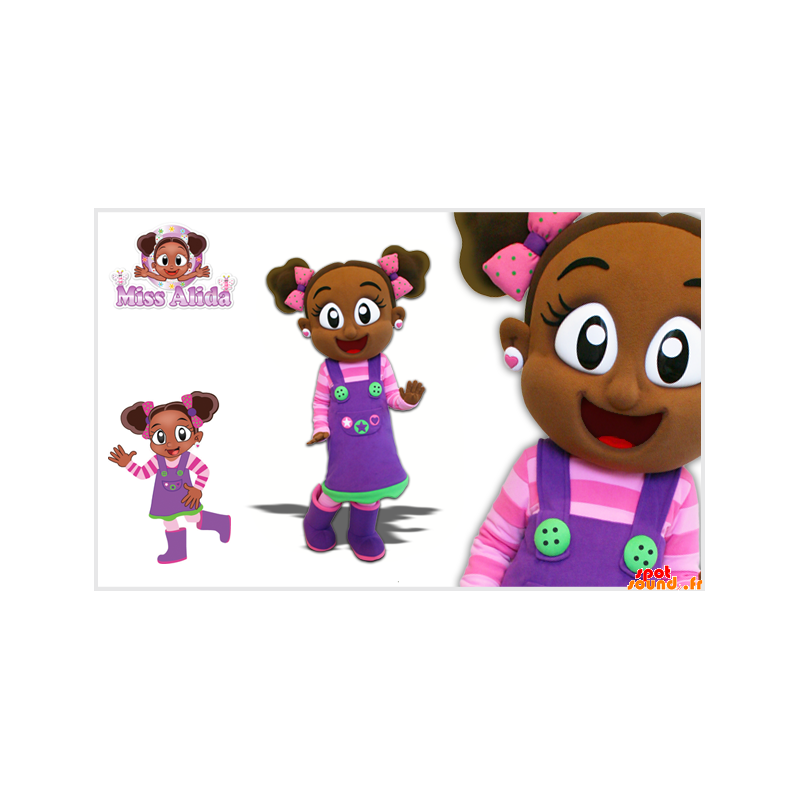 Maskot liten afrikansk flicka med en färgglad outfit -
