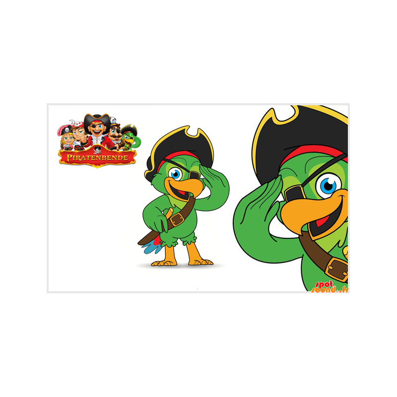 Grøn papegøje maskot med øjenlap og hat - Spotsound maskot
