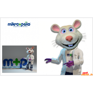Hvid og lyserød rotte-maskot med lægepels - Spotsound maskot
