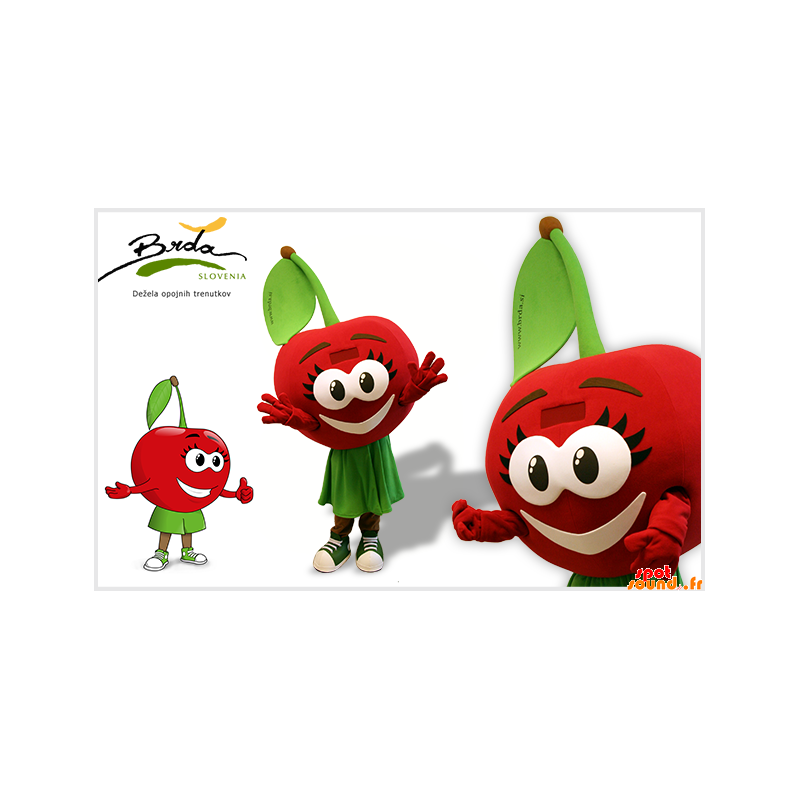 Maskot rød og grøn kirsebær med store øjne - Spotsound maskot