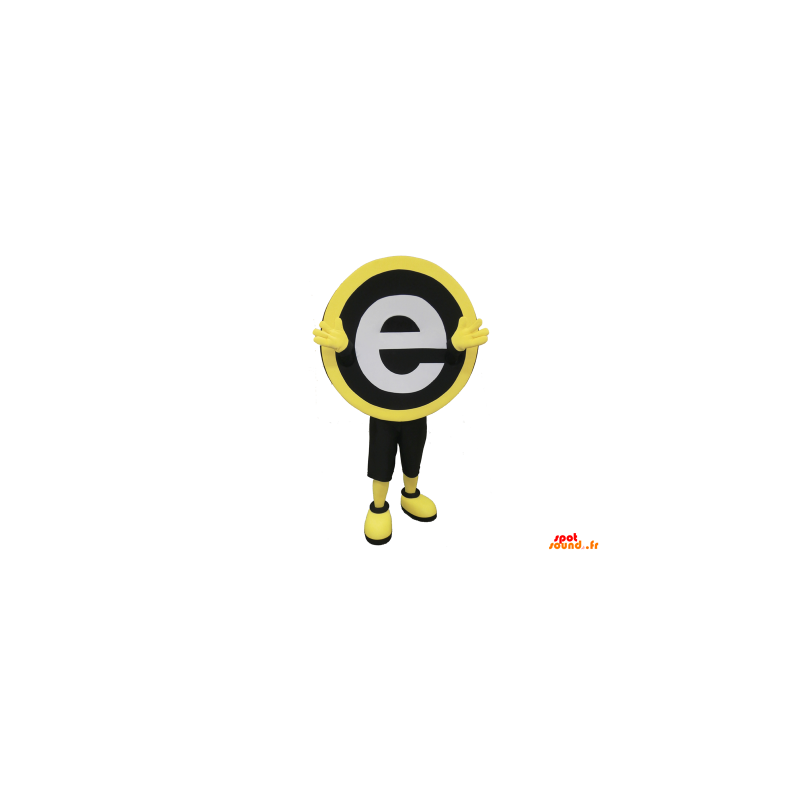 Rund maskot, sort, gul og hvid med bogstavet E. - Spotsound