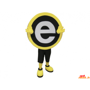 Rund maskot, sort, gul og hvid med bogstavet E. - Spotsound