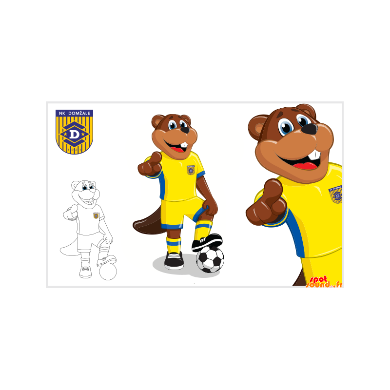Brun bævermaskot i gul og blå sportstøj - Spotsound maskot