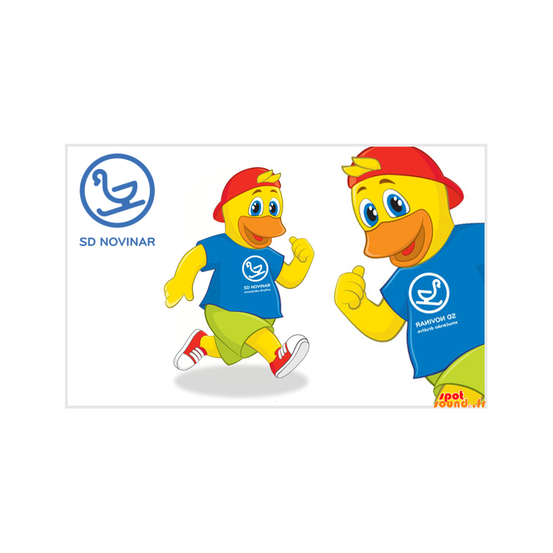 Mascot chick, gul and med et farverigt outfit - Spotsound maskot