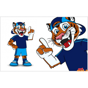 Orange og hvid tigermaskot i blå sportstøj - Spotsound maskot