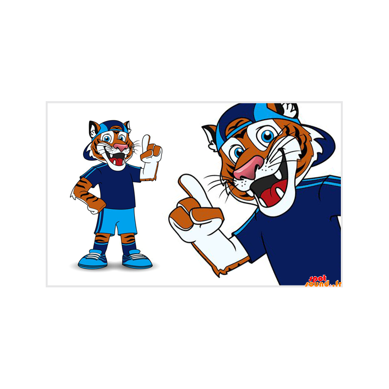 Orange och vit tigermaskot i blå sportkläder - Spotsound maskot