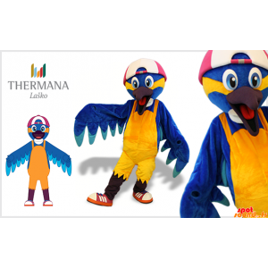 Blå og gul fuglemaskot med hue - Spotsound maskot