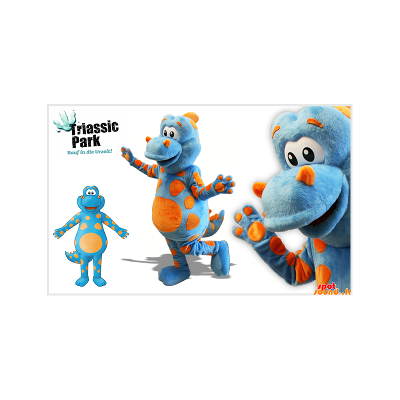 Blå dinosaur maskot med orange prikker - Spotsound maskot