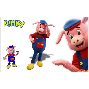 Pink gris maskot med blå overall og en baret - Spotsound maskot