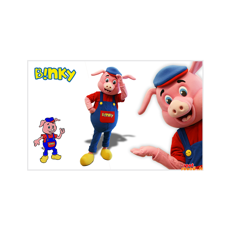 Pink gris maskot med blå overall og en baret - Spotsound maskot