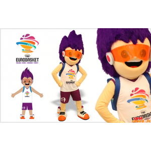 紫色の髪を持つ未来的なマスコット少年