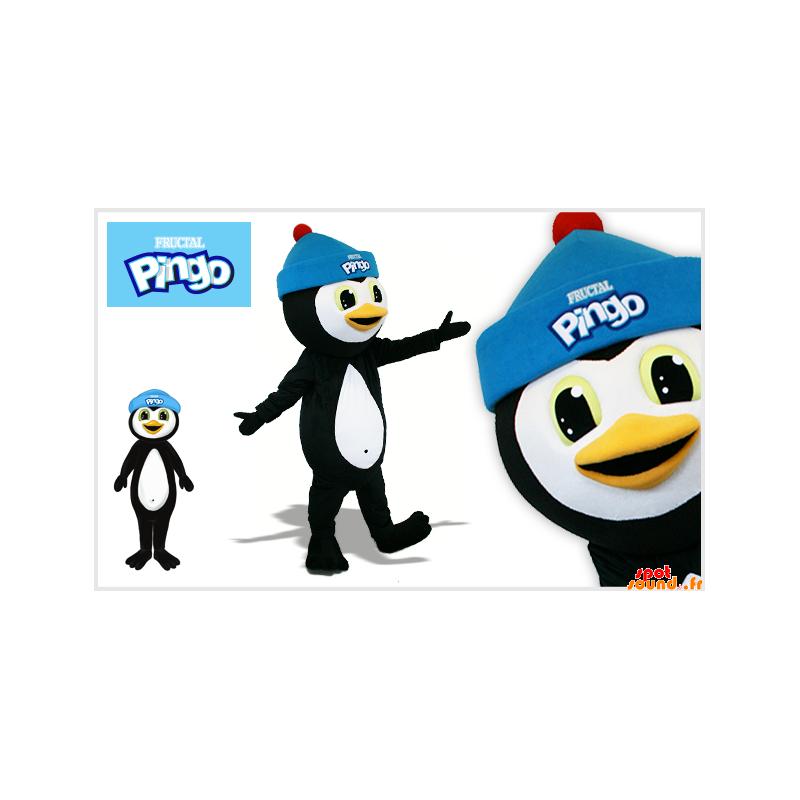Svartvit pingvinmaskot med en blå keps - Spotsound maskot