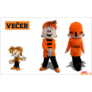 Barnmaskot, klädd i orange och svart pojke - Spotsound maskot