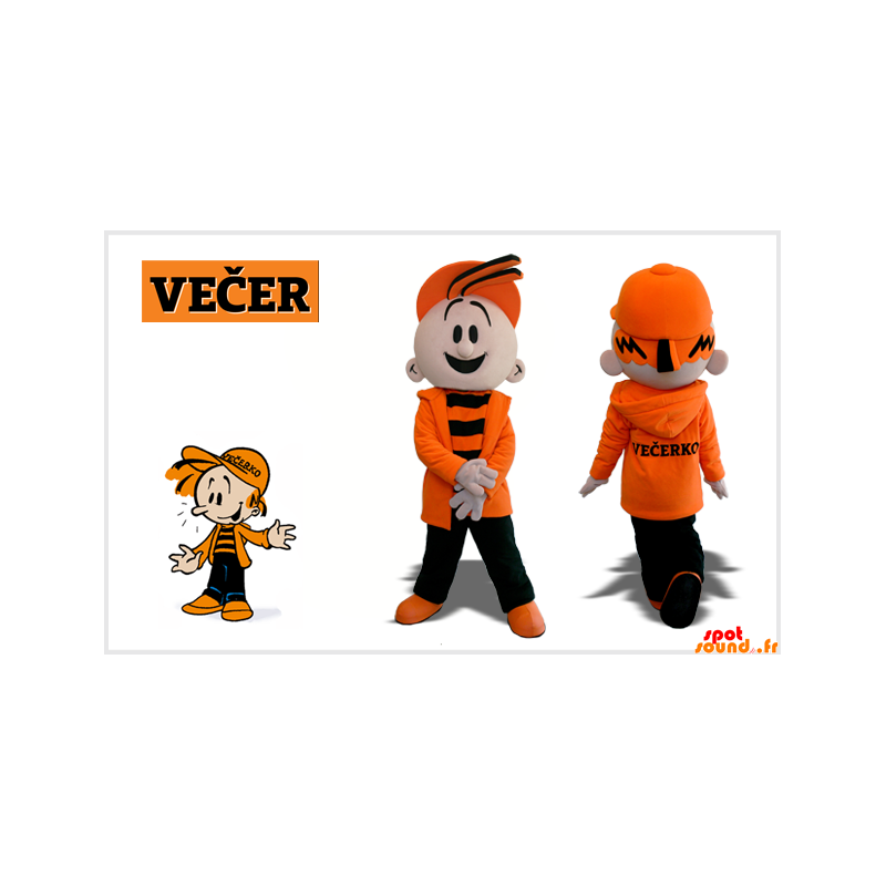 Barnmaskot, klädd i orange och svart pojke - Spotsound maskot