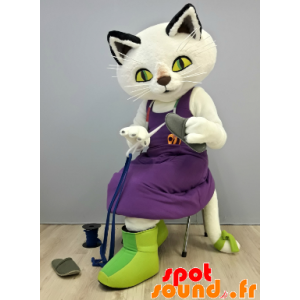 Hvid kat maskot med en lilla kjole - Spotsound maskot