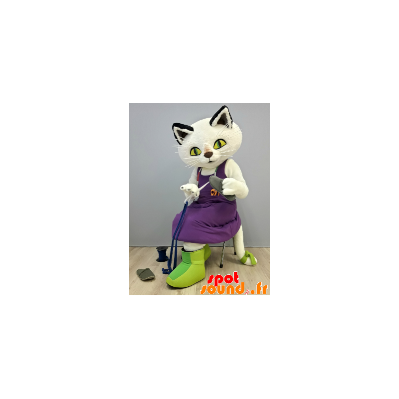 Vit kattmaskot med en lila klänning - Spotsound maskot