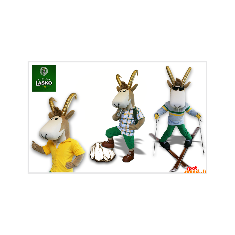 Mascote cinza e chamois branco com grandes chifres - Mascotes animais - MASFR033849 - SpotSound.fr