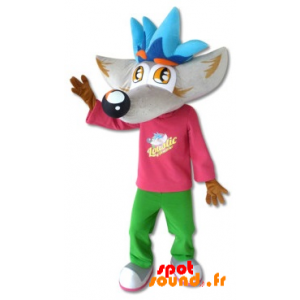 Mascotte de loup gris et marron avec une tenue colorée - MASFR034200 - Mascottes Loup