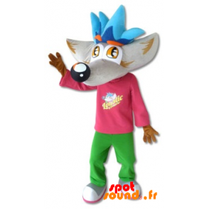 Grå og brun ulvemaskot med et farverigt tøj - Spotsound maskot