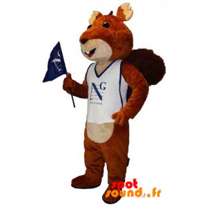 Mascotte de castor marron et beige avec un maillot de supporter