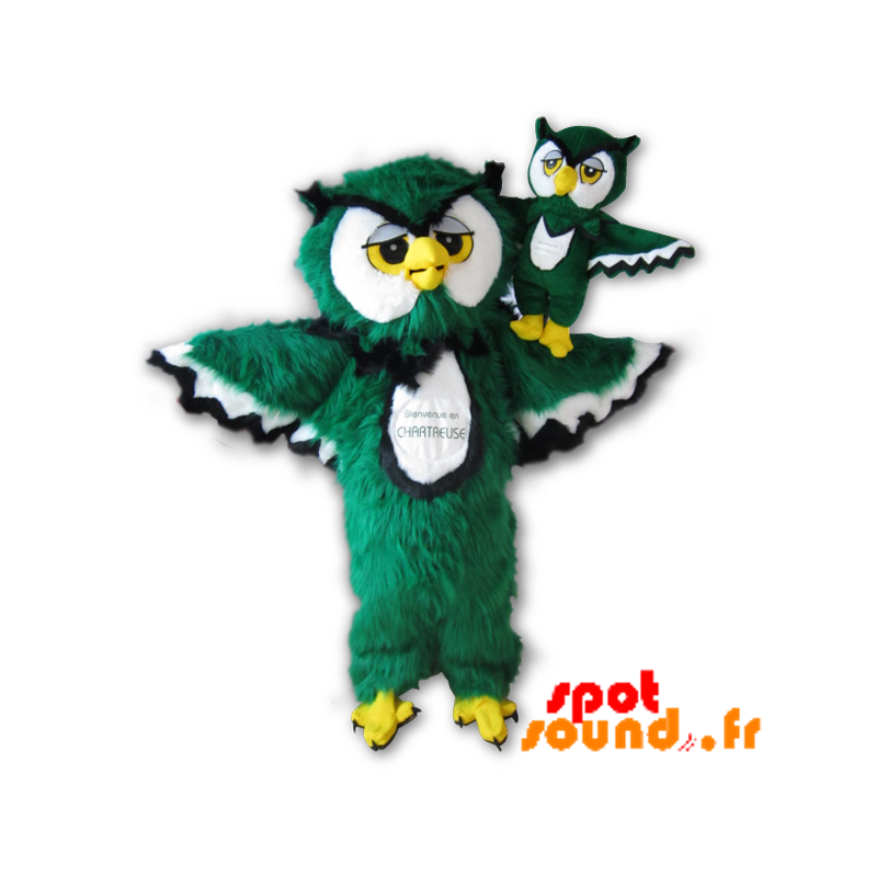 Mascotte Chartreuse. Mascotte de hibou vert, blanc et noir - MASFR034231 - Mascotte d'oiseaux