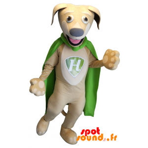 Mascotte de chien beige avec une cape verte