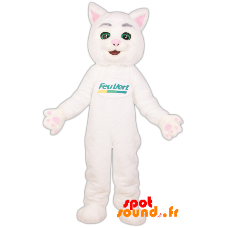 Mascotte Feu Vert. Mascotte du chat blanc de la marque Feu Vert - MASFR034263 - Mascottes de chat