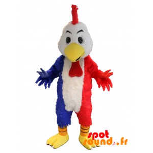 Mascotte de coq, de poule bleue, blanche et rouge.