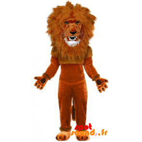 Brun lejonmaskot med en stor man - Spotsound maskot