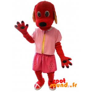 Mascotte de chien rouge habillé en rose. Costume de chien - MASFR034315 - Mascottes de chien