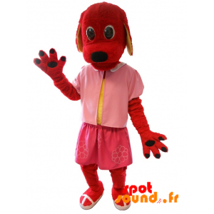 Rød hund maskot klædt i lyserød. Hundedragt - Spotsound maskot