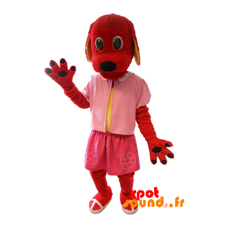 Mascotte de chien rouge habillé en rose. Costume de chien