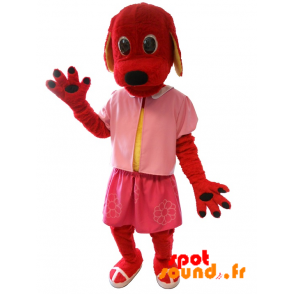 Mascotte de chien rouge habillé en rose. Costume de chien - MASFR034315 - Mascottes de chien