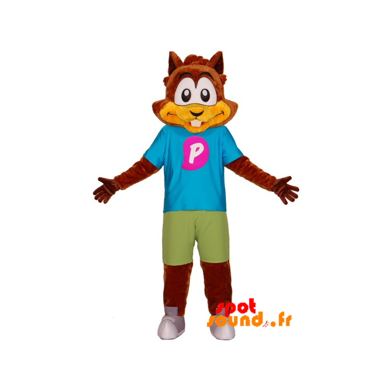 Mascotte d'écureuil, de castor marron avec une tenue colorée