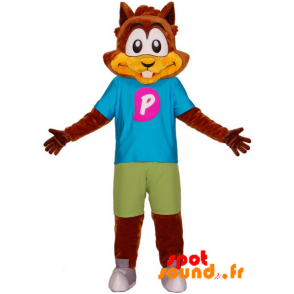 Egern maskot, brun bæver med et farverigt outfit - Spotsound