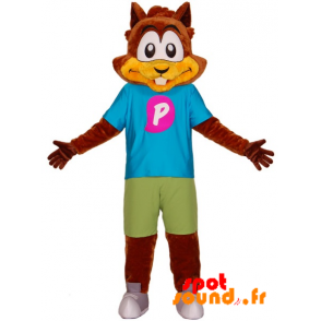 Mascotte d'écureuil, de castor marron avec une tenue colorée - MASFR034317 - Mascottes de castor