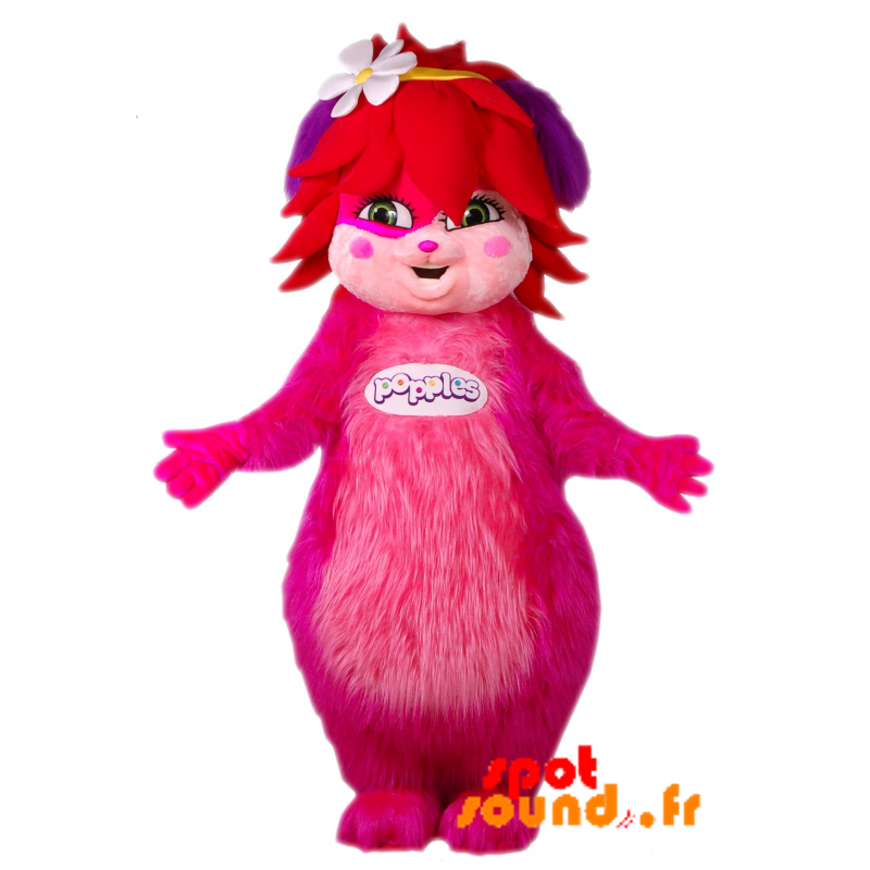 Popples maskot feminin, rosa och hårig. Rosa varelse -