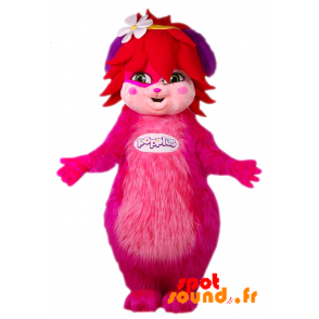 Popples maskot feminin, lyserød og behåret. Pink væsen -