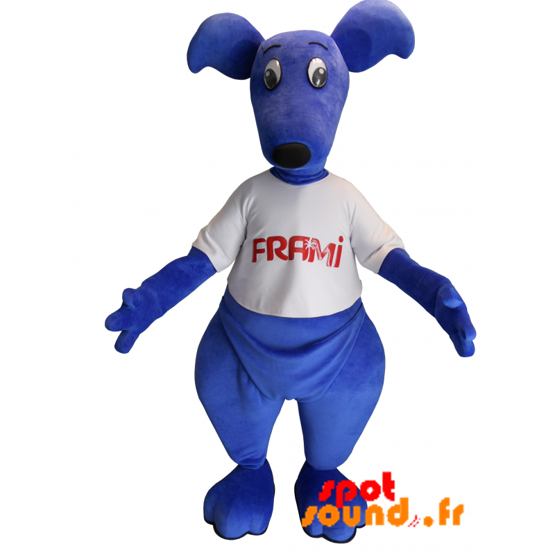 Mascotte de kangourou bleu avec un t-shirt. Mascotte Frami