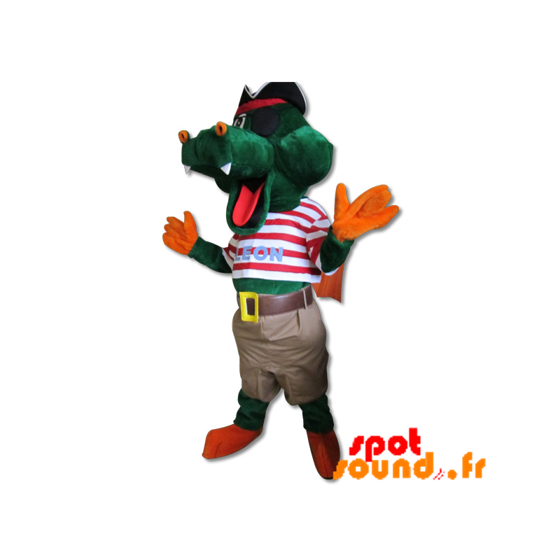 Mascotte de crocodile vert en tenue de pirate